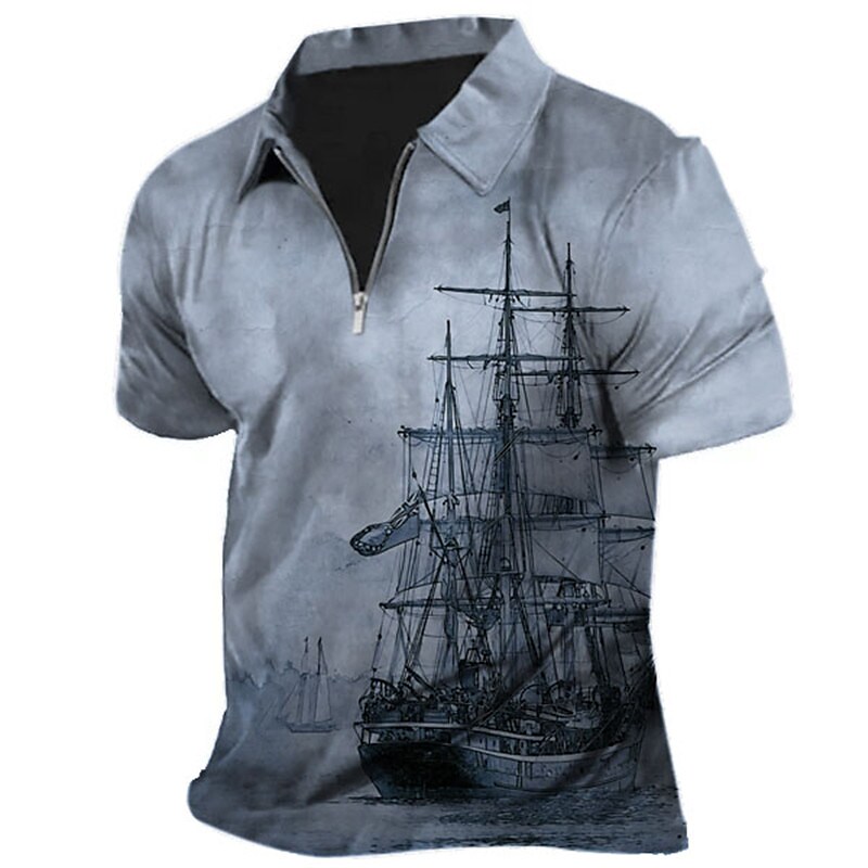Men's Boat Zipper Casual Breathable Short Sleeves Polo Shirt