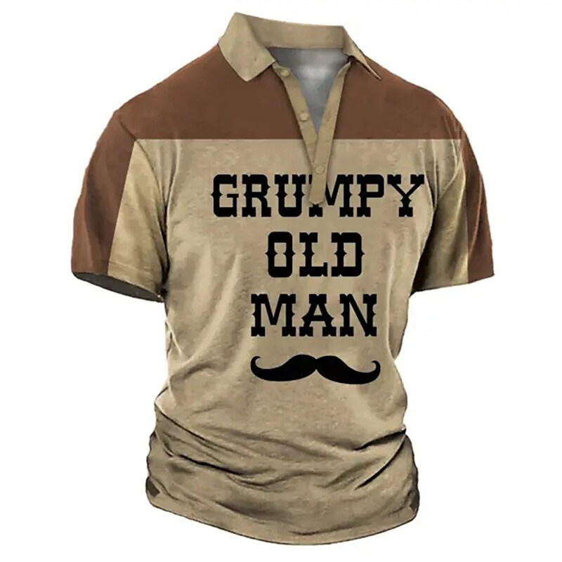 Men's Casual Holiday Lapel Classic Short Sleeve Letter Button Polo Shirt 