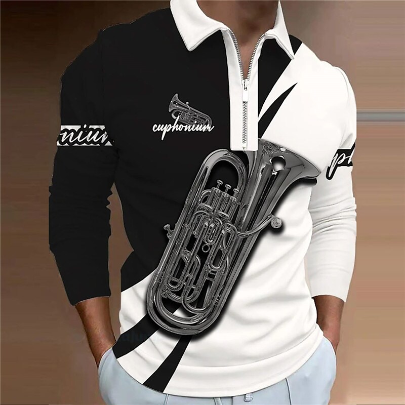 Men's Musical Instrument Zipper Long Sleeve Soft Polo Shirt