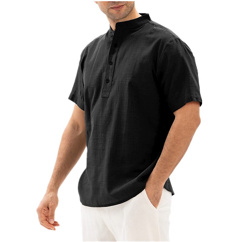Men's Casual Short Sleeve Plain Linen Henley Shirt 