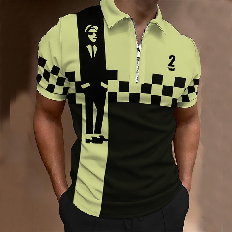 Men's Collar Polo Shirt Golf Shirt Plaid Turndown Black / White Green 