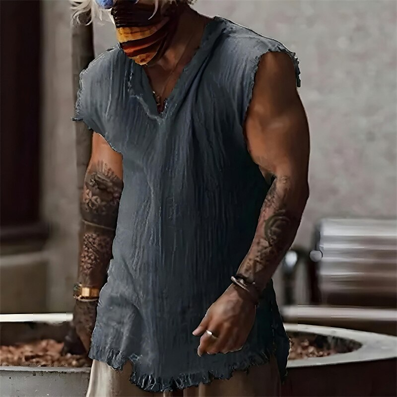 Men's Beach   Sleeveless Plain V Neck Hawaiian  Linen Shirt 