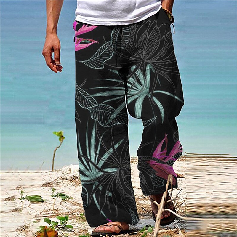 Men's  Drawstring Elastic Waist  Plants Graphic Prints Casual  Hawaiian  Trousers 