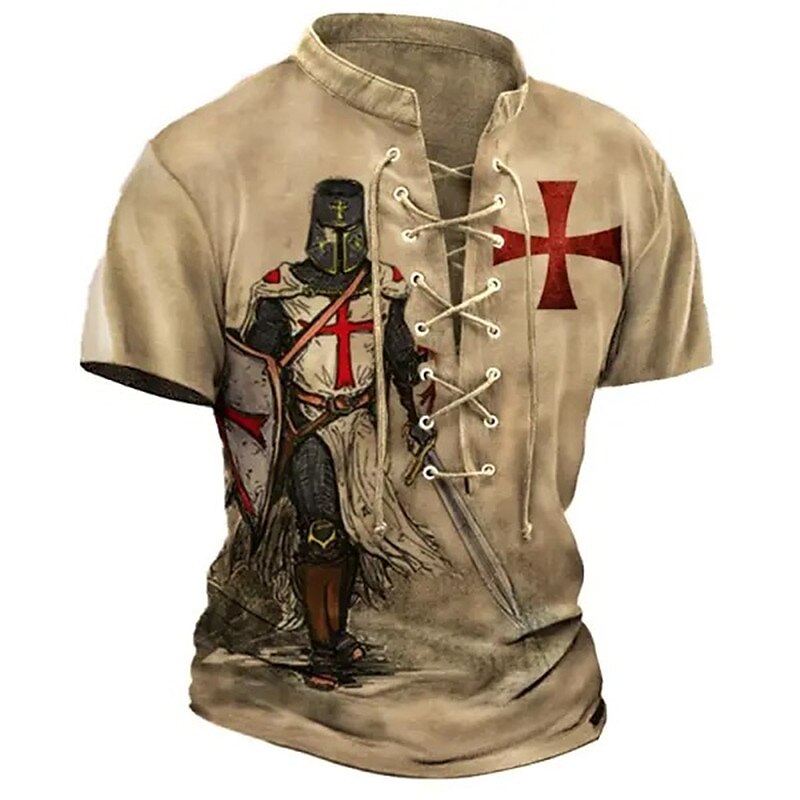 Men's Knights Templar Stand Collar 3D Print  Lace up Short Sleeve Vintage T-shirt