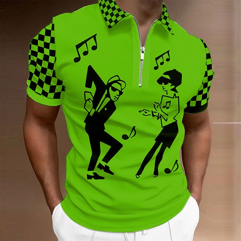 Men's Fashion Short Sleeve Graphic Notes Turndown 3D Print Zipper Shir