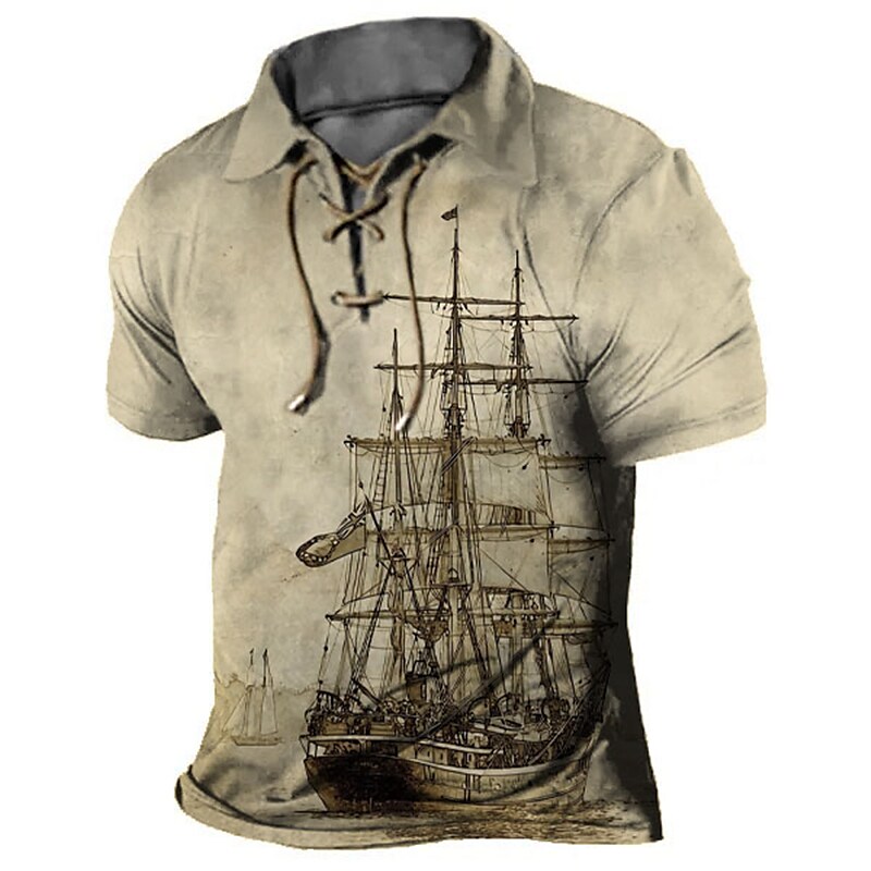 Men's Outdoor Golf Casual Vintage Quick Dry Breathable Comfortable Lapel Pattern Print Henley Shirt 