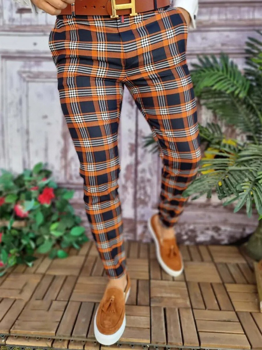 Men's Plaid  Full Length Micro-elastic Chinos Trousers Jogger Pants