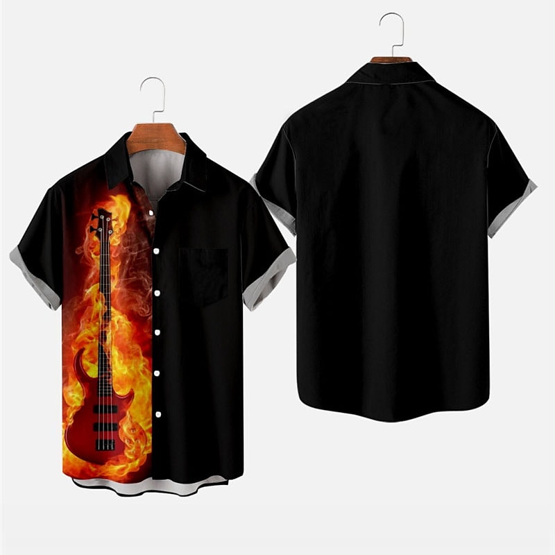 Men's Flame Guitar Turndown Button-DownShort Sleeves Hawaiian Shirt