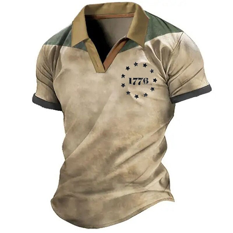Men's Letter Graphic Prints Vintage V Neck Short Sleeves  Polo Shirt 