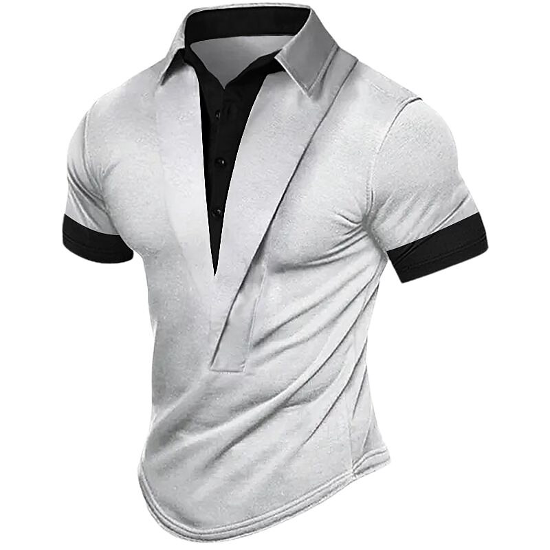 Men's Color Block Lapel  Basic Short Sleeves Henley Shirt