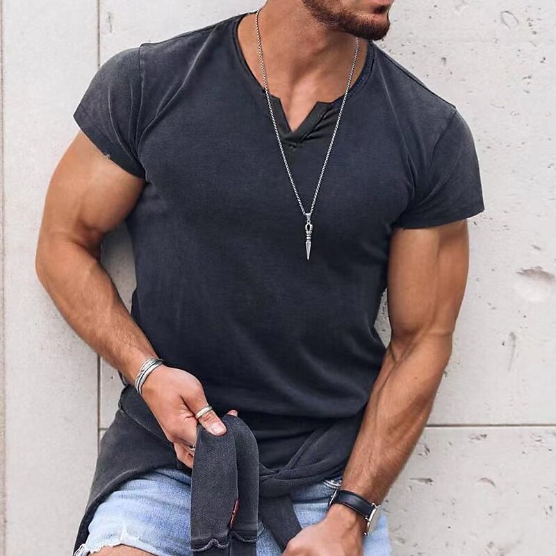 Men's T shirt Tee Plain V Neck Vacation Going out Short Sleeves Clothing Apparel Streetwear Stylish Modern Style