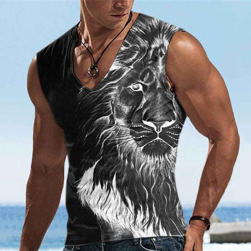 Men's Animal Lion V Neck Vest Top Sleeveless T Shirt