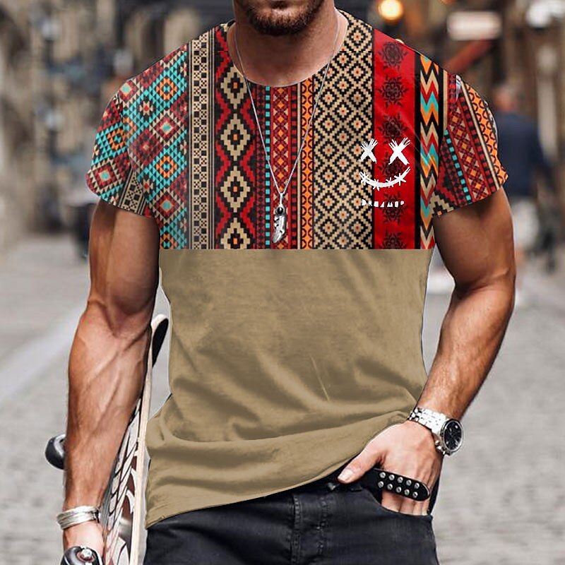 Men's Graphic Color Block Tribal Crew Neck 3D Print Ethnic Short Sleeve T-shirt 