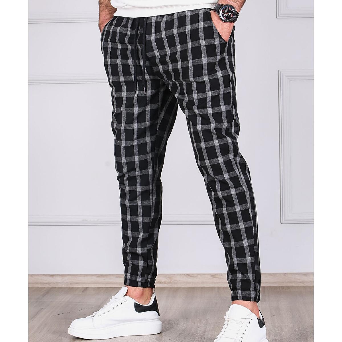 Men's new small plaid striped tethered jogging pants 