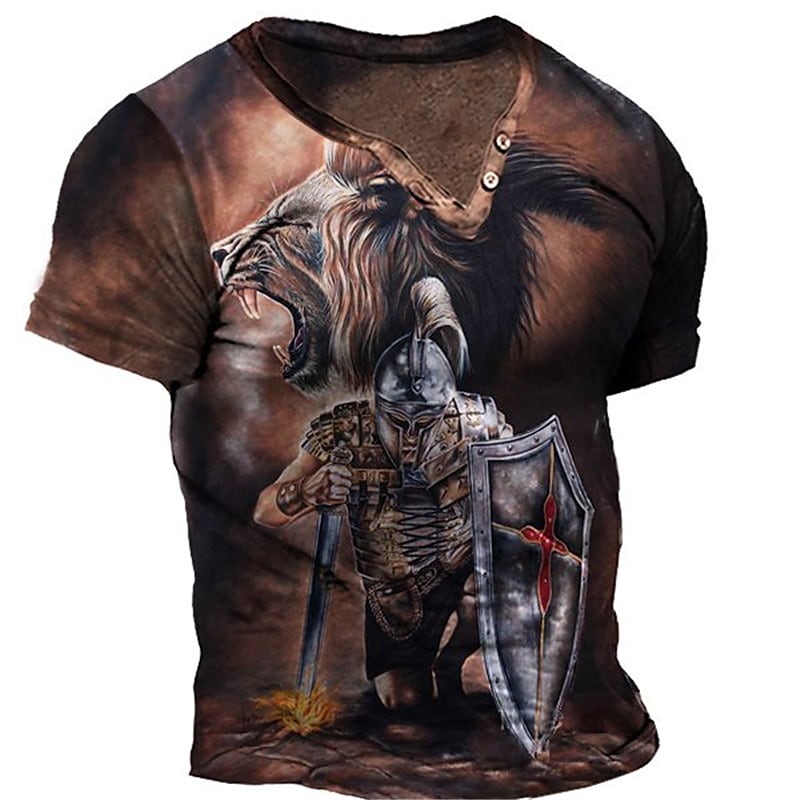 Men's Unisex T shirt Tee 3D Print Graphic Prints Soldier Animal V Neck Street Daily Button-Down Print Short Sleeve Tops Casual Fashion Big and Tall Sports Brown / Summer