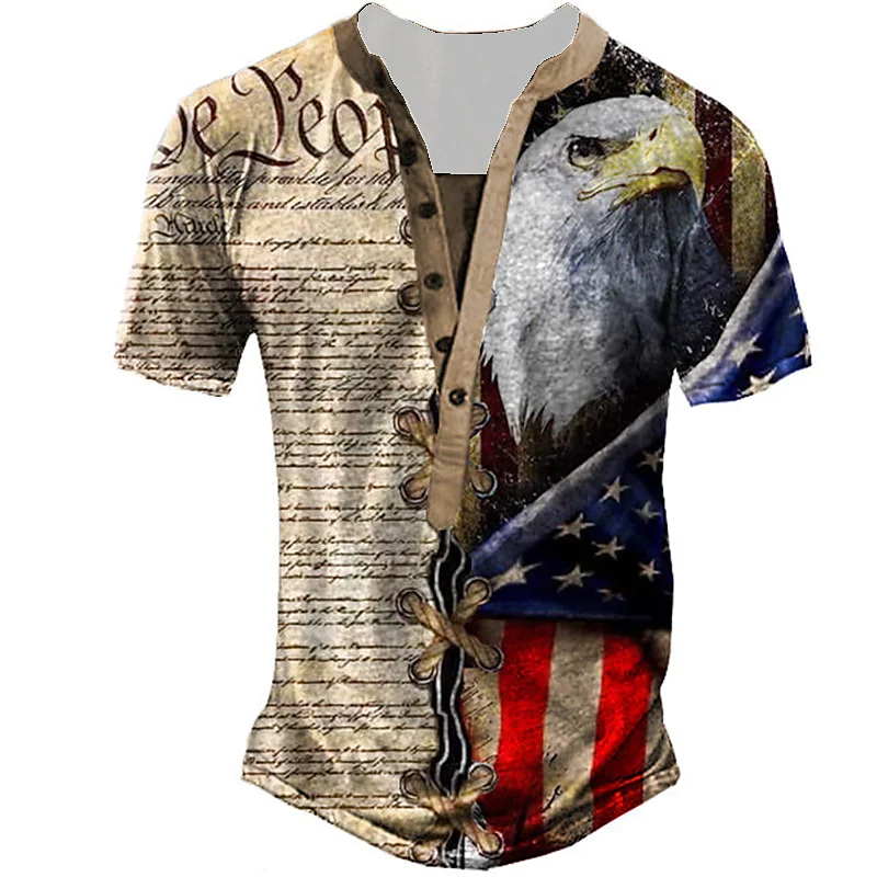Men's Henley Shirt Tee T shirt Tee 3D Print Graphic Patterned Color Block Eagle Plus Size Henley Daily Sports Button-Down Print Short Sleeve Tops Designer Basic Classic Comfortable Brown / Summer