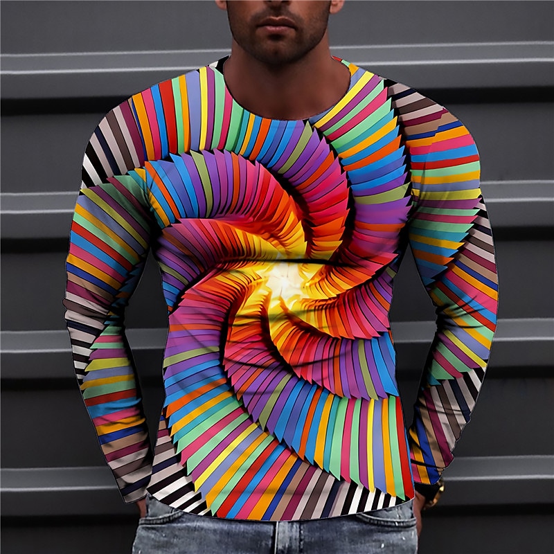 Men's Unisex Daily T shirt 3D Print Graphic Prints Spiral Stripe Print Long Sleeve Tops Casual Designer Big and Tall Purple Blushing Pink Rainbow