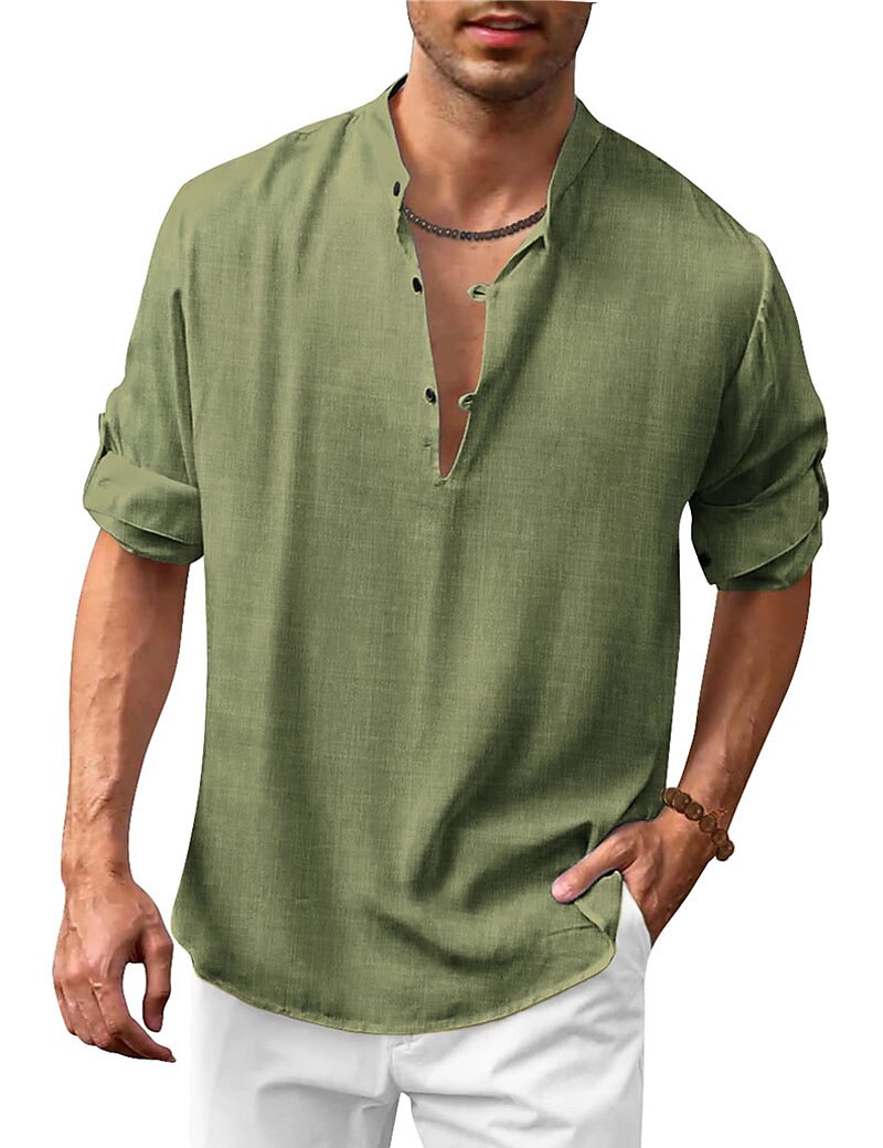 Men's Shirt Linen Shirt Casual Shirt Summer Shirt Beach Shirt Henley Shirt Black White Navy Blue Long Sleeve Plain Henley Spring & Summer Casual Daily Clothing Apparel