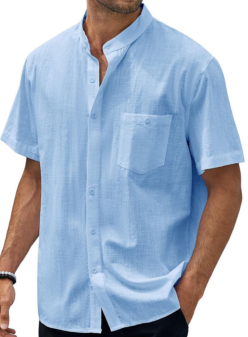 Men's Linen Shirt Summer Shirt Casual Shirt Beach Shirt Black White Blue Short Sleeve Plain Stand Collar Spring & Summer Hawaiian Holiday Clothing Apparel Pocket