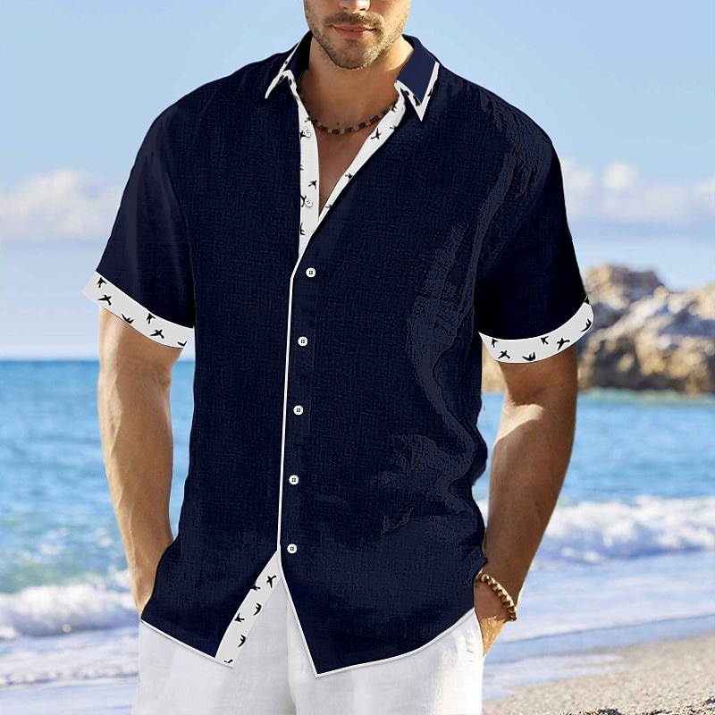 Men's Shirt Linen Shirt Button Up Shirt Casual Shirt Summer Shirt Beach Shirt Pink Navy Blue Blue Short Sleeves Color Block Lapel Spring & Summer Casual Daily Clothing Apparel
