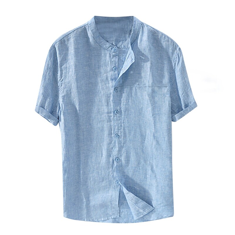 Men's Linen Shirt Summer Shirt Beach Shirt Standing Collar Summer Spring Short Sleeve Apricot Black White Plain Outdoor Daily Clothing Apparel Button-Down