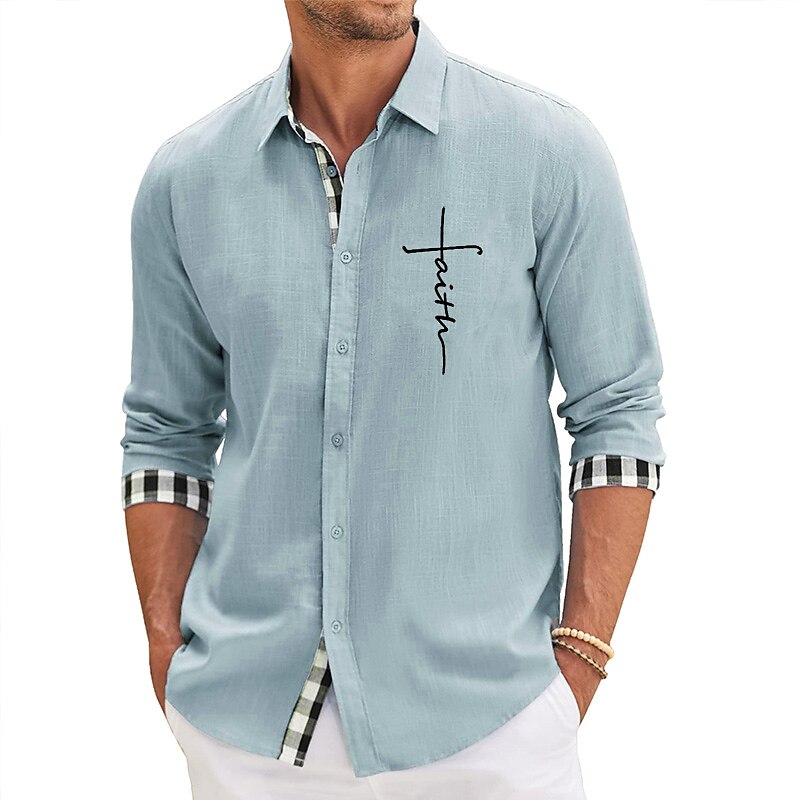 Men's Shirt Linen Shirt Graphic Prints Cross Turndown Pink Blue Green Khaki Gray Outdoor Street Long Sleeve Print Clothing Apparel Linen Fashion Streetwear Designer Casual