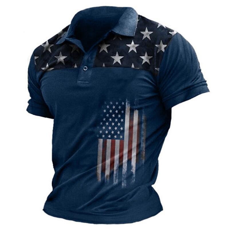 Men's American Flag Print Turndown Short Sleeve Polo Shirt