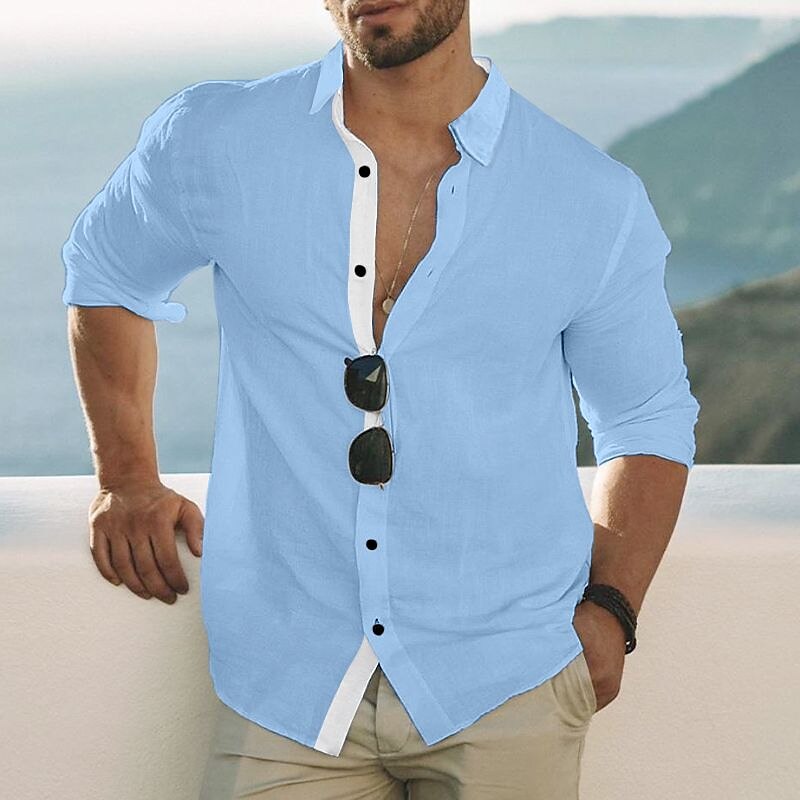 Men's Shirt Button Up Shirt Summer Shirt Beach Shirt White Navy Blue Blue Long Sleeve Color Block Lapel Spring & Summer Casual Daily Clothing Apparel