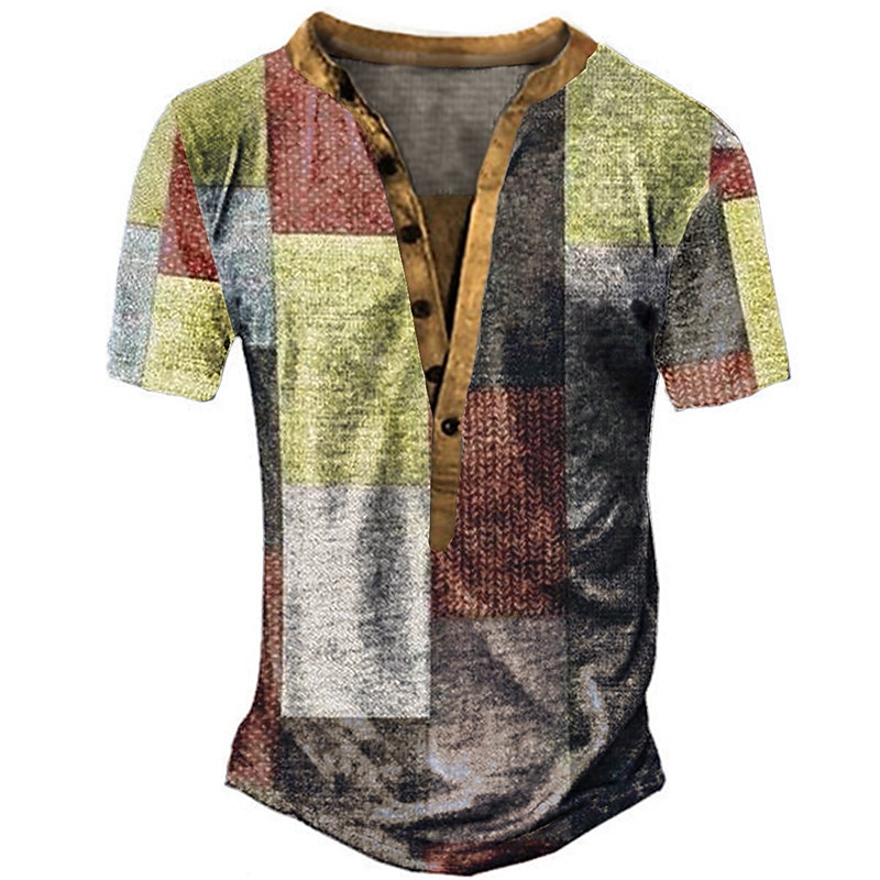 Men's T shirt Tee Henley Shirt Plaid / Check Graphic Prints Henley Clothing Apparel 3D Print Outdoor Daily Short Sleeve Button Print Designer Casual Comfortable