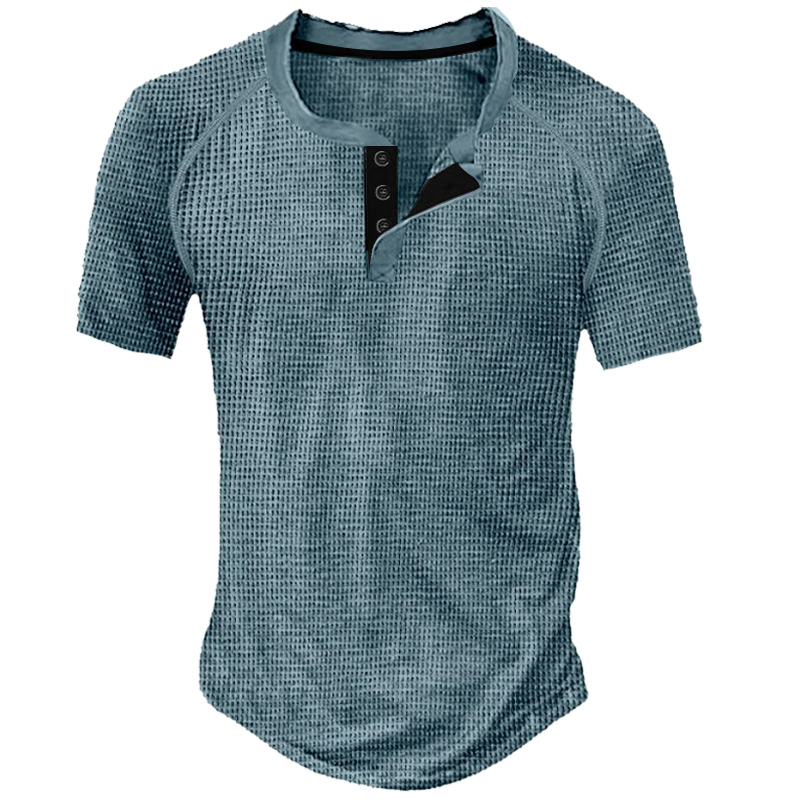 Men's Waffle Henley Shirt Tee Plaid Checkered Henley Print Outdoor Casual Short Sleeve Button Fashion Top
