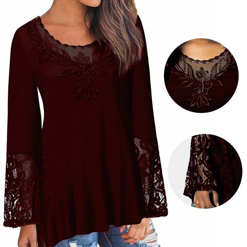 Women's long-sleeved lace stitching irregular multicolor t-shirt