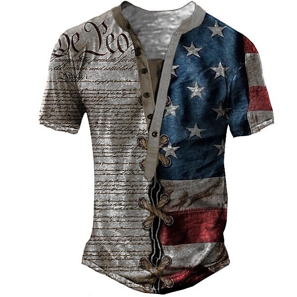Men's Henley Shirt T shirt Graphic Letter American Flag National Henley 3D Outdoor Short Sleeve Button-Down Print Top