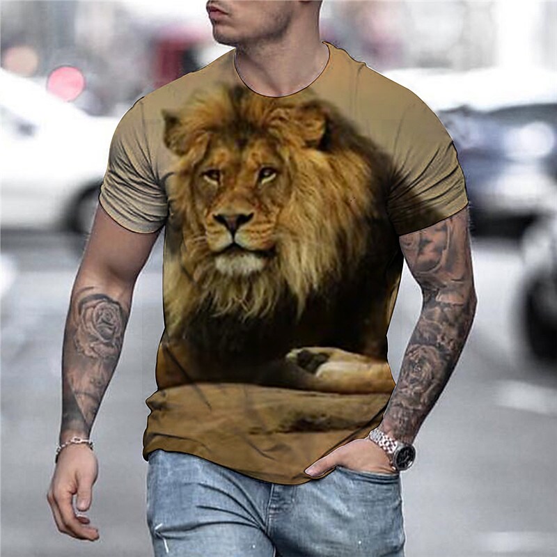 Men's T shirt Graphic Animal Lion 3D Round Neck 3D Print Daily Holiday Short Sleeve Print Vintage Top