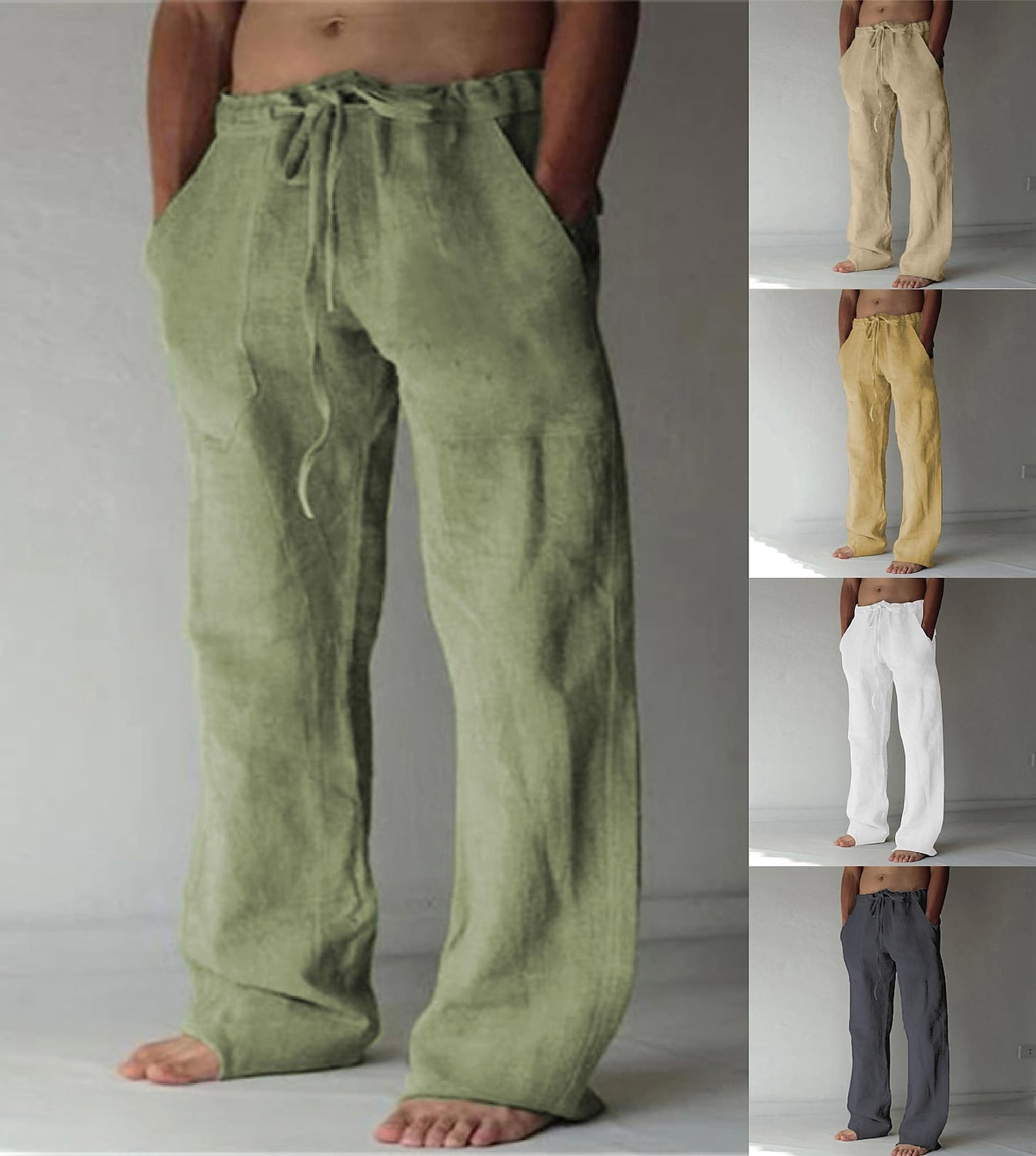 Men's Linen Solid Color with Pocket Straight-Leg Beach Trousers