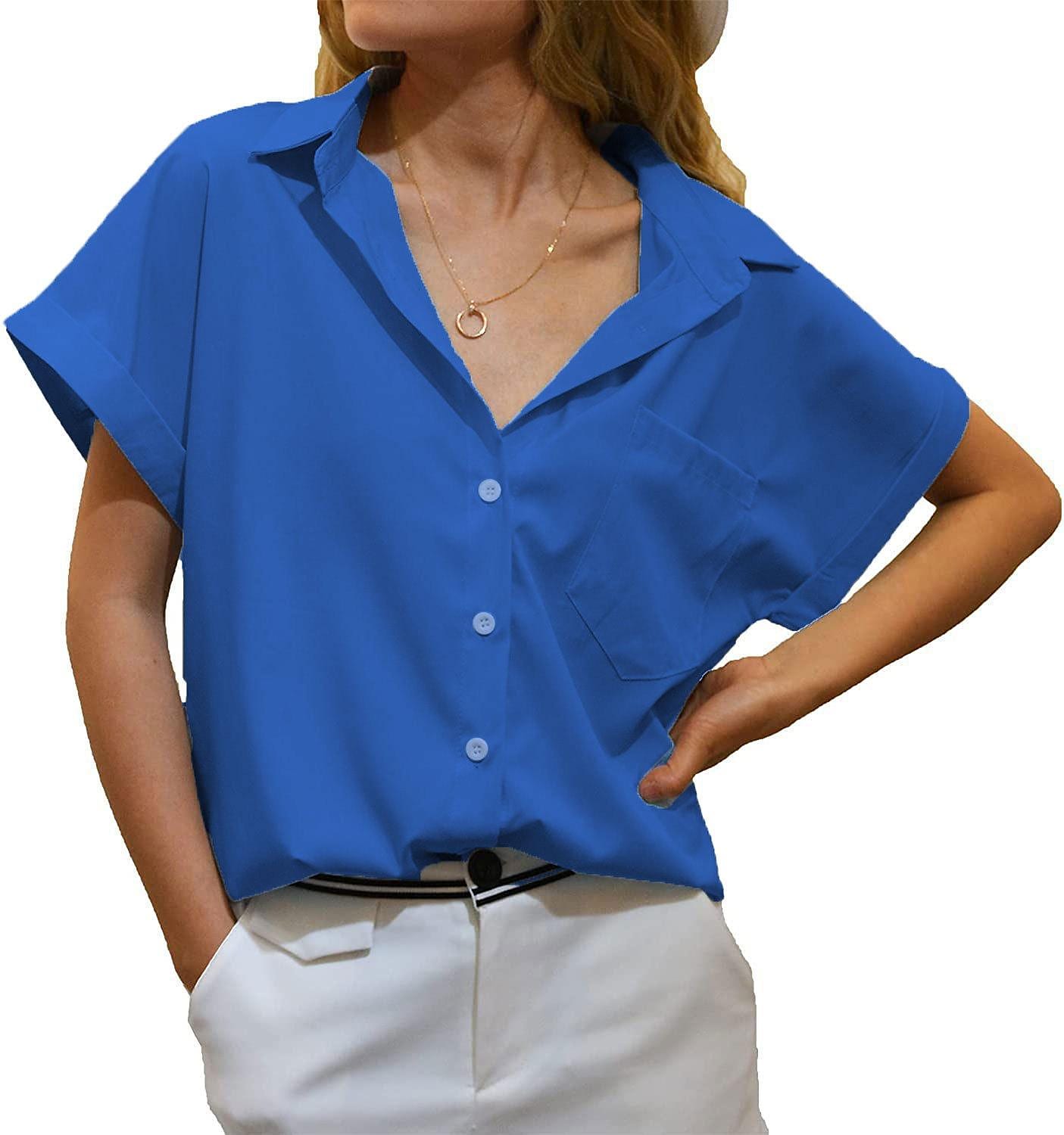 Women's Short Sleeve T-shirt V-neck Button-down Top