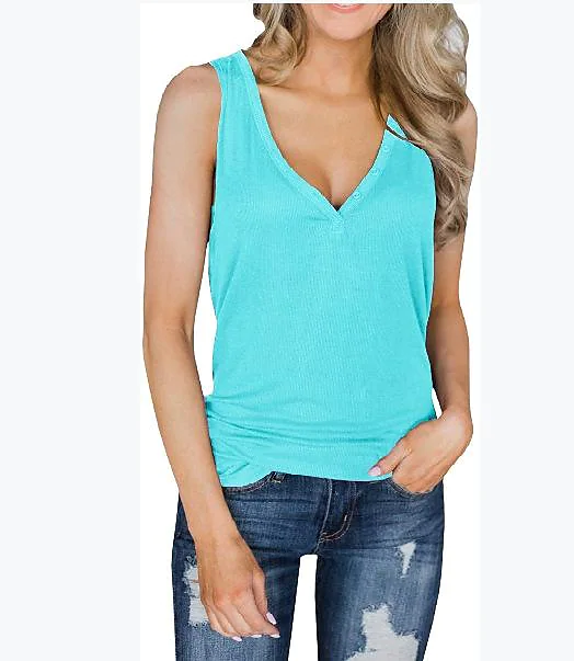 Women's solid color button v-neck sleeveless tank top
