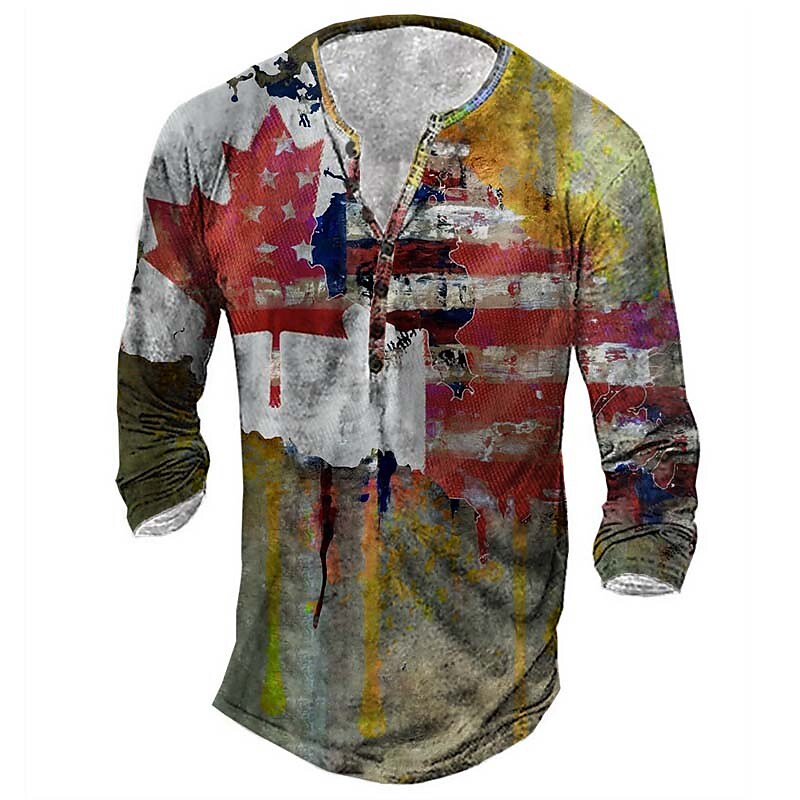 Men's Henley T shirt Graphic American Flag Henley Street Casual Long Sleeve Button-Down Print Top