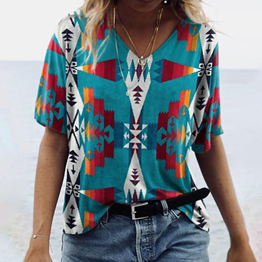 Women's print ethnic style geometric figure v-neck short-sleeved t-shirt