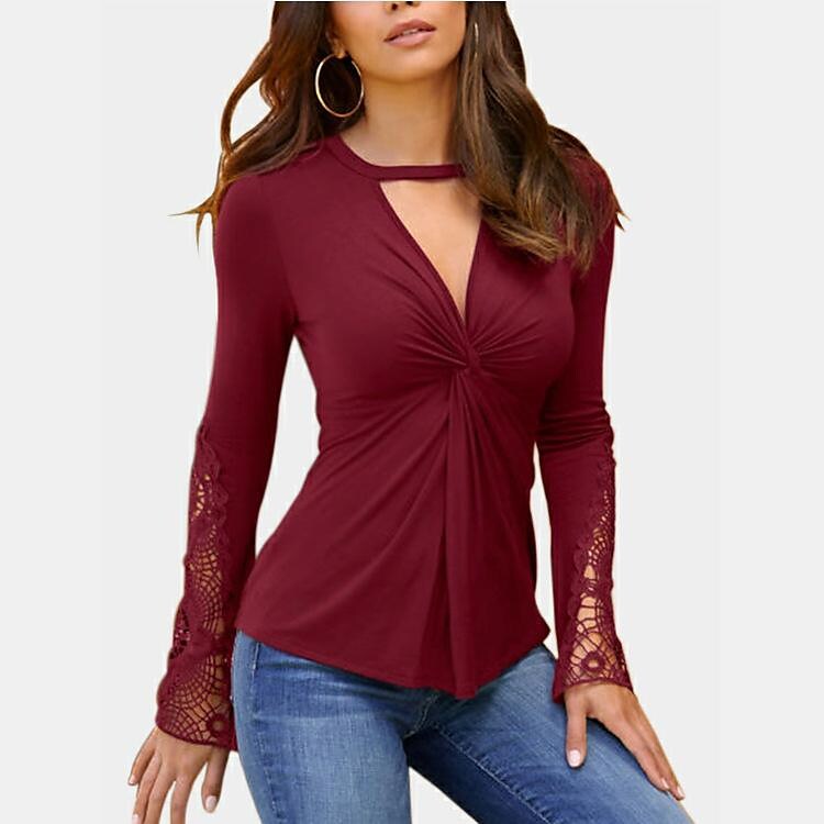 Women's lace personality stitching long-sleeved bottoming shirt