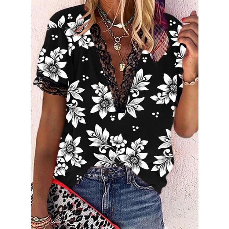 Women's New Floral Print Lace V-neck Short -sleeve Casual Tops