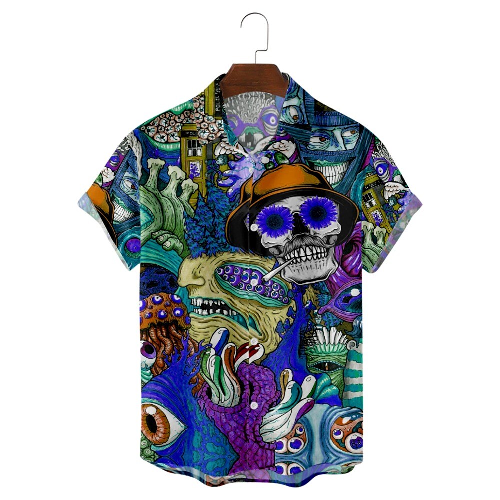 Men's Shirt Skull Print Short Sleeve Casual Tops Loose Beach Blue Desi