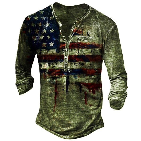 Men's Henley T shirt Graphic American Flag Henley Street Casual Long Sleeve Button-Down Print Top