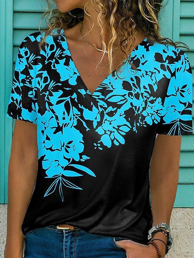 Women's Flower Printing V-neck Summer Short-sleeved T-shirt