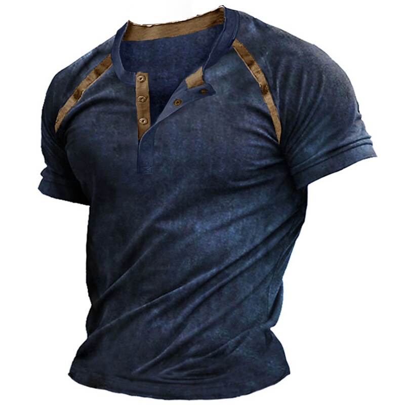 Men's Henley Shirt Raglan Graphic Color Block Henley Street Casual Short Sleeve Button-Down Basic T shirt 