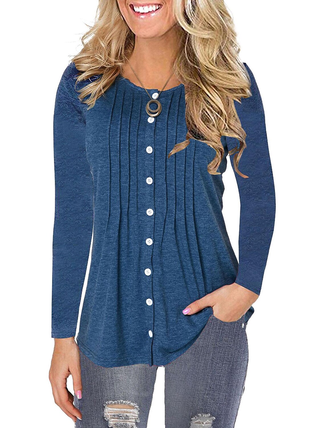 Women's round neck solid color casual button long sleeve top