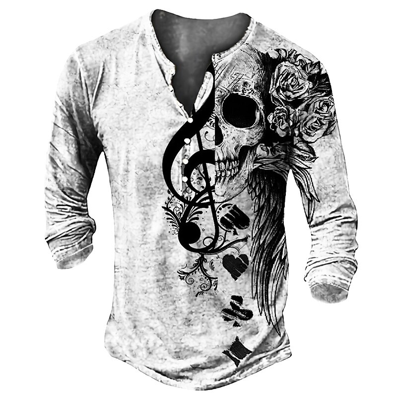 Men's Henley T shirt Tee Funny Graphic Skull Henley White 3D Print Out