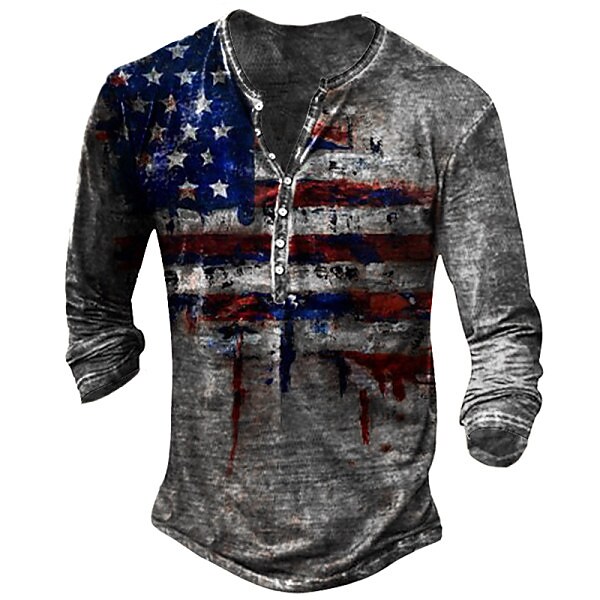 Men's Henley T shirt Graphic American Flag Henley Street Casual Long Sleeve Button-Down Print Top