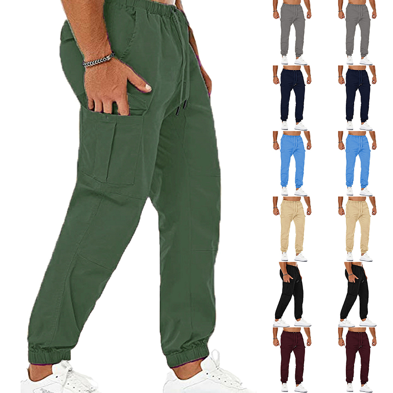 Men's Cargo Pants Casual Pants Drawstring Elastic Waist Multi Pocket Solid Color Soft Full Length Sports Outdoor Cotton Blend Casual / Sporty Athleisure Black White