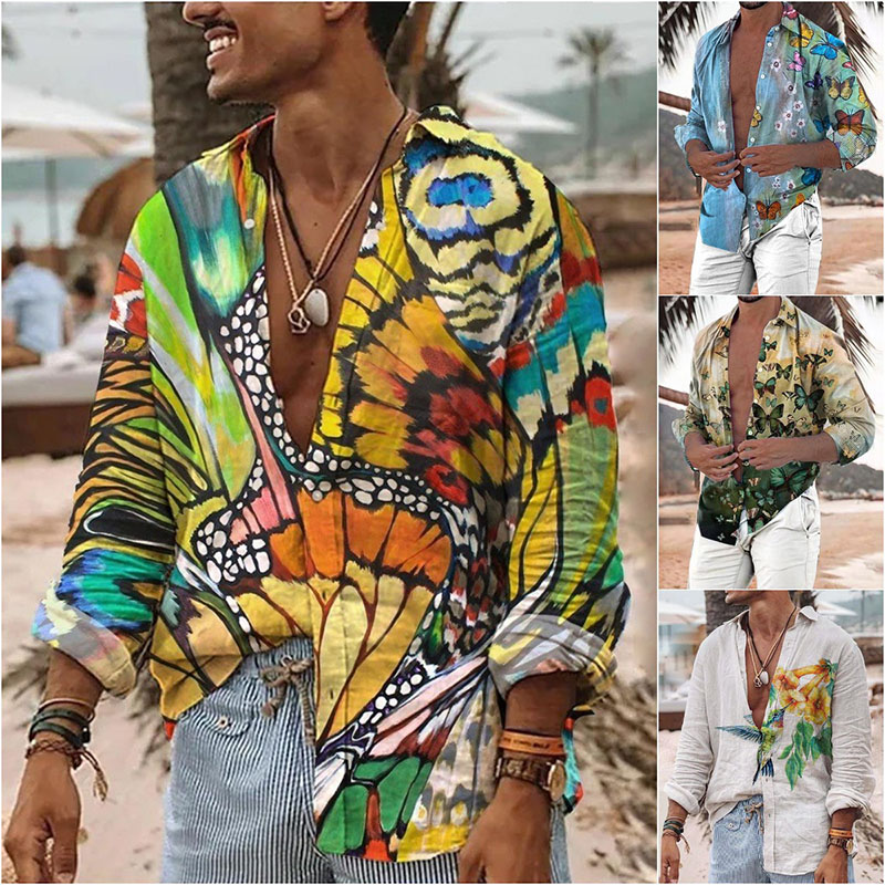 Men's Shirt Butterfly Graphic Prints Turndown Outdoor Street Long Sleeve Print Fashion Streetwear Soft Shirt 