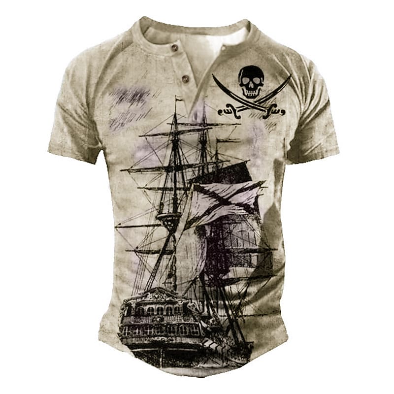 Men's Outdoor Street Casual Comfortable Button Breathable V-neck Pattern Print Short Sleeve Henley Shirt 